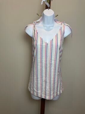 LOFT Tie Shoulder Blouse Size S White Stripe Cotton